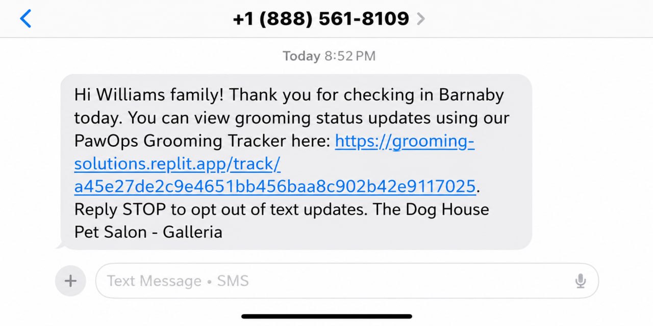 PawOps automated SMS notification sent to pet owner after check-in